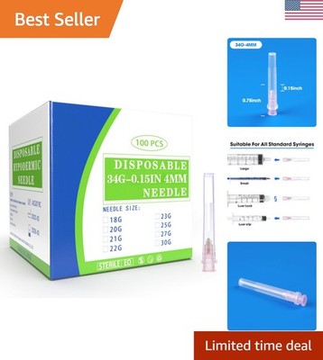 100 Pack 34 Ga 4mm Disposable Needles with Caps for Scientific and Industrial...