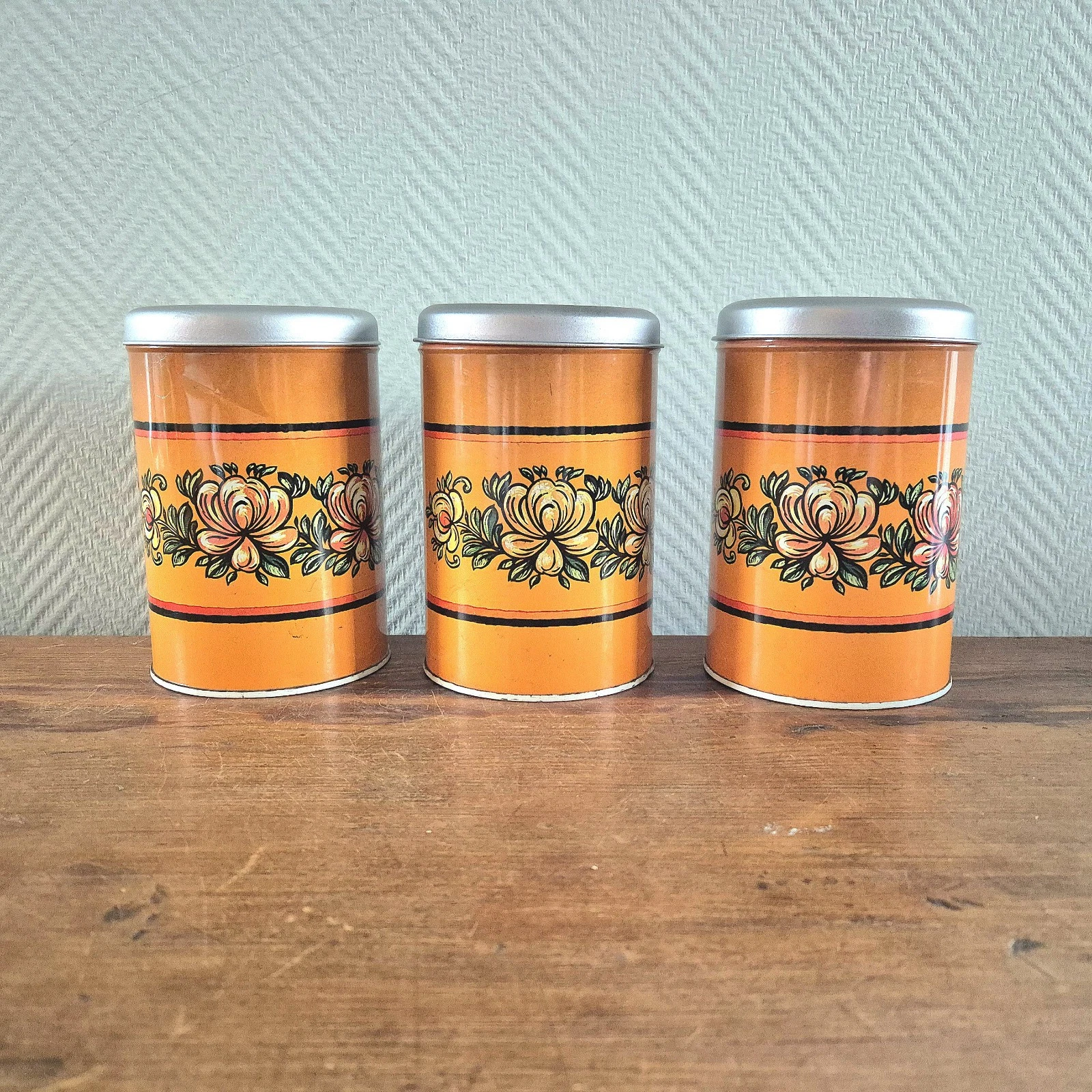 Vintage Retro CANISTER SET Metal tin Floral Roses Storage Food Containers Jars
