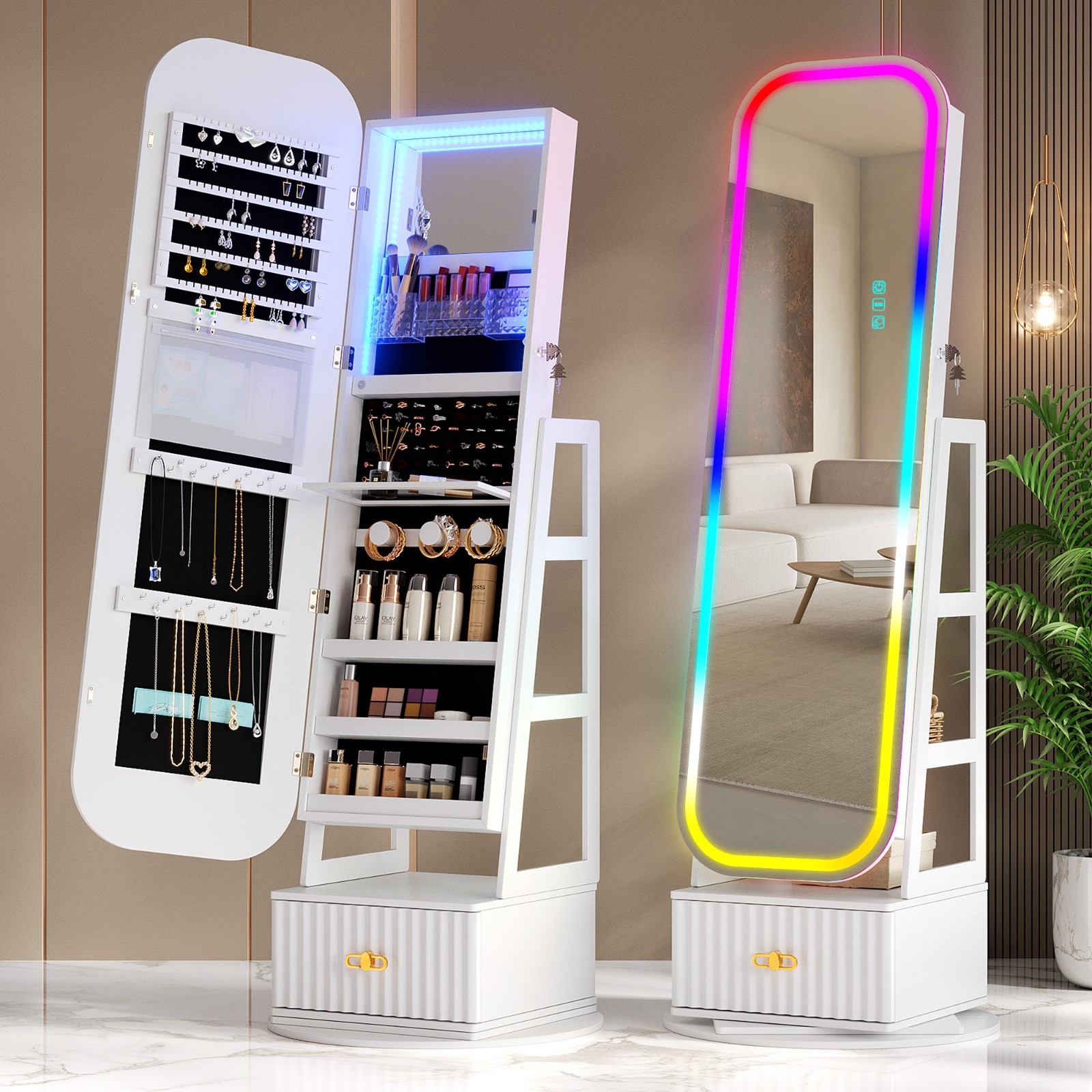 Gurexl 360&deg; Swivel Jewelry Cabinet with RGB  Full Length Mi