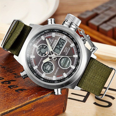 Men'S Tactical Dual Time Army Green Analog Quartz Watch, Digital Sports Watch