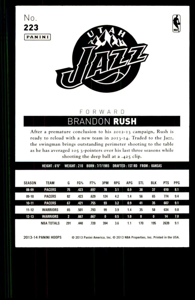 2013-14 NBA обручи Брэндон Раш. Utah Jazz No223 - Изображение 2 из 2