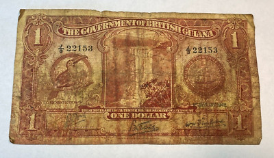 Scarce Original 1942 British Guiana One Dollar Note Very Good CHRC