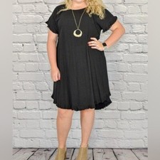 Umgee Black Western Style Round Neck Boxy Oversized shirt dress Linen Blend L