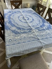 Vintage Mid Century Modern Heavy Cotton Damask Tablecloth Blue White 83" X 79"