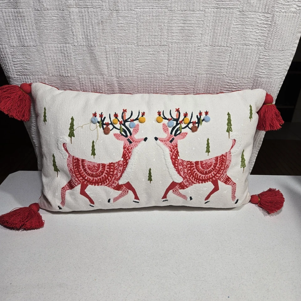 Threshold Christmas Reindeer Throw Pillow Scandi Rectangle Pompoms Tassels 19x12 - Image 2 of 4