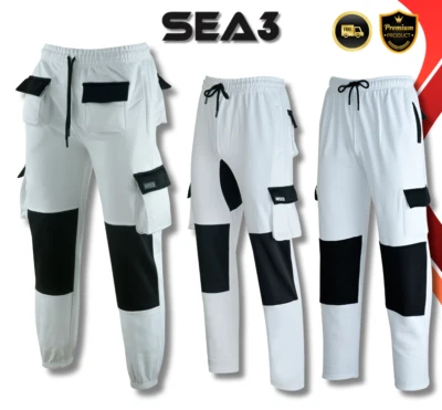 SEA3 Men's Fleece Painters Decorators Combat Cargo Work Trousers White Joggers