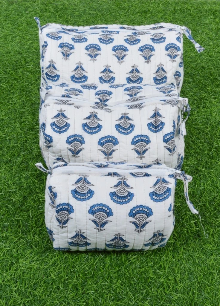 Cotton White Hand Block Printed 3 pcs Water Proof Unisex Makeup Toiletry Bag.