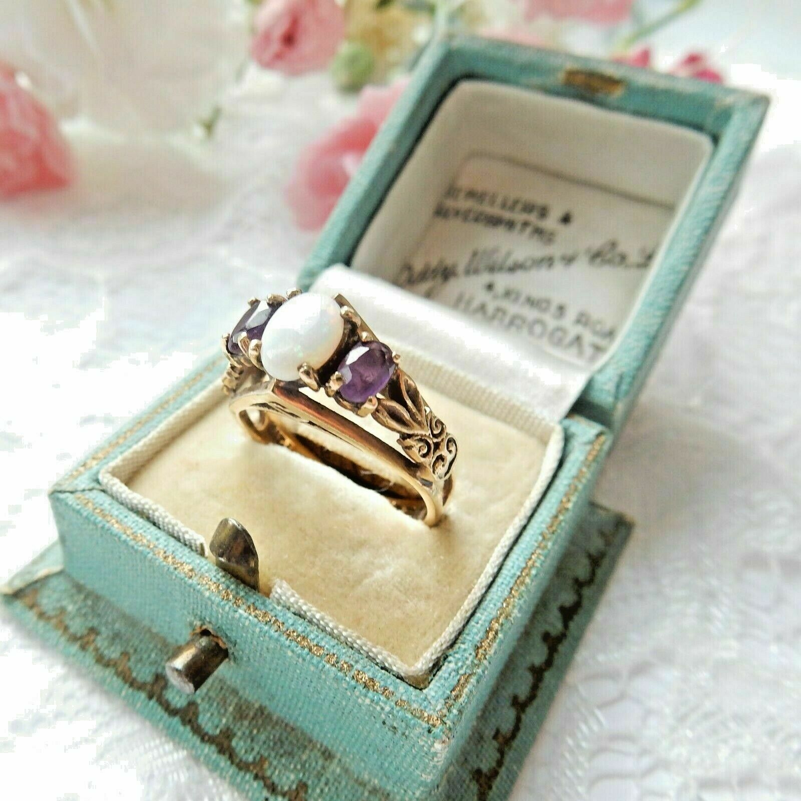 Vintage Antique 3Ct Oval Opal & Amethyst Engagement Ring 14K Yellow Gold Finish