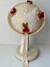 VTG Girls Off White Straw Hat Red Cherries Millinery Chin Strap Grosgrain Ribbon