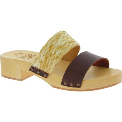 Mules femme artisanales en bois avec bande en raphia et cuir semelle en cuir - Photo 1/4