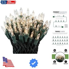 100 Clear Twinkle Lights on Green Wire, Indoor/Outdoor Use, Lighted Length of...