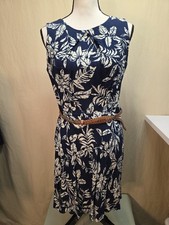 AB Studio Floral Tank Dress Sleeveless Belt Rayon Navy Women's Size 10