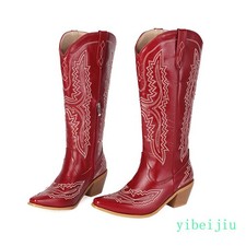 Women's Embroidery Flower Mid Calf Cuban Heel Western Cowboy Leather Boots Shoes