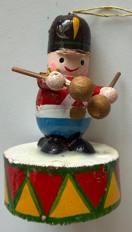Vintage Wood Toy Drumming Soldier On A Drum Ornament (3" tall X 1.5" wide)