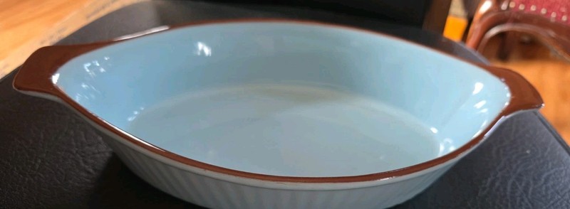 Vintage Ceramic Blue Brown Ribbed Oval Bakeware Dish Casserole Raw Clay Bottom