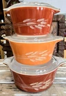 Vintage Pyrex Glass Autumn Wheat Casserole Dish Set (3) w/Lids 1970s EUC!