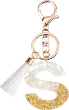 Cute Beige Key Chains for Women Girls, Initial Letter Keychains with White Tasse