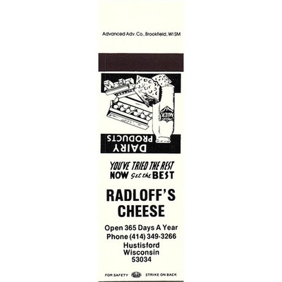Radloff's Cheese Hustisford WI Vintage Matchbook Cover SMB70-2-A4
