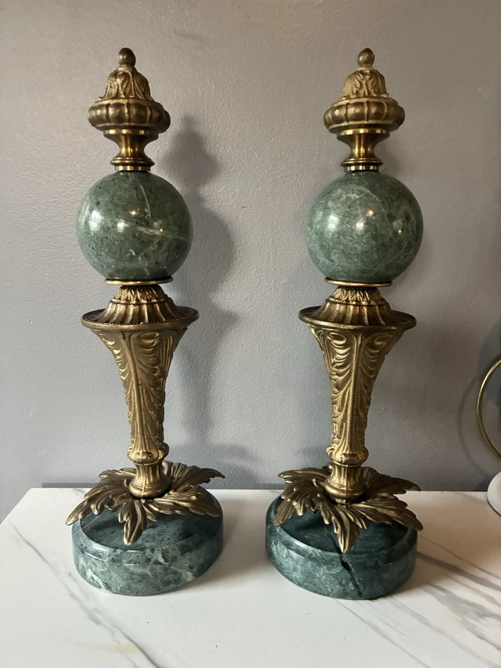 Vintage Heavy Green Marble Ornate Brass Finials Pair of 2 Decorative Accents 13” - Image 4 of 4