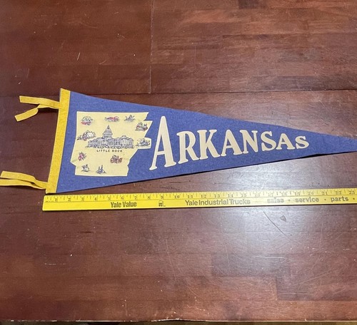 Vintage Arkansas Souvenir Felt Pennant Little Rock State Map Blue Gold Decor
