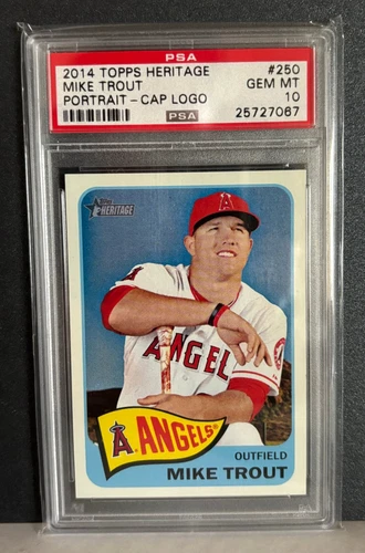 2014 TOPPS HERITAGE #250 MIKE TROUT PORTRAIT CAP LOGO PSA 10 LA ANGELS SP RUC