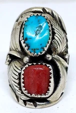 STERLING SILVER C KEE CORAL AND TURQUISE RING SIZE 6.5
