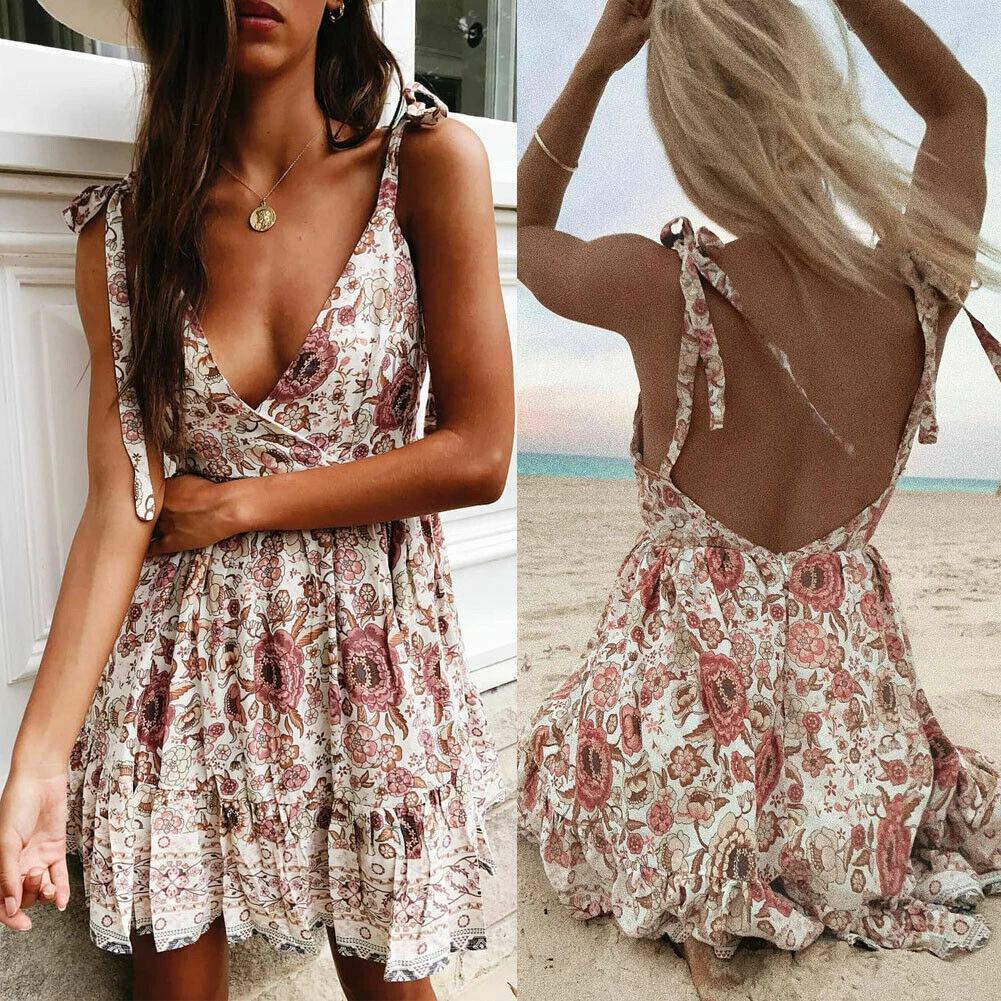 Vestido Corto Floral Para Mujer Moda De Verano Sin Espalda