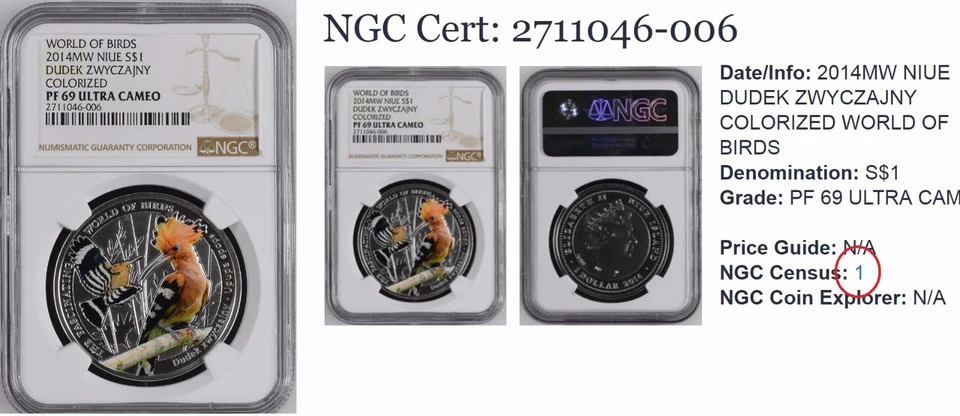 NIUE .999 Silver Coin Hoopoe DUDEK  COLORIZED WORLD OF BIRDS NGC PF 69 Pop 1 - Image 2 of 4