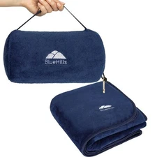BlueHills Travel Blanket Pillow Rolled Premium Soft Plush Airplane Navy Blue 