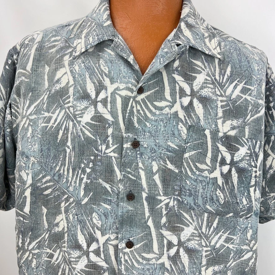 Knightsbridge Hawaiian Aloha Shirt XL Bamboo Leave Coconut Buttons Gray Tropical