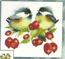BERRY CHICK-CHAT--Blue Birds--Berries--Counted Cross Stitch Pattern w/Fabric