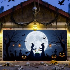 7x16ft Halloween Garage Door Banner, Scary Witches Bats Cover