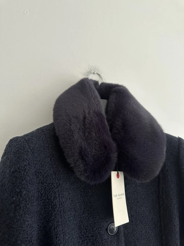 ABRIGO TED BAKER 12 LARGO AZUL MARINO FORMAL NUEVO Mujeres Nuevo con Etiquetas £399 Cinturón Desprendimiento Cuello de Piel Foto 4 de 4