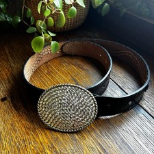 Black Leather Statement Belt Womens Rhinestone Buckle Hand Tooled Cowgirl VTG Sm
