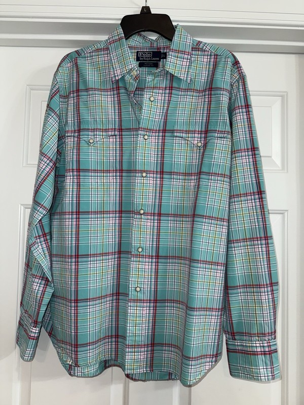Vintage Polo Ralph Lauren Shirt Mens L Blue Green Plaid Western Pearl Snap
