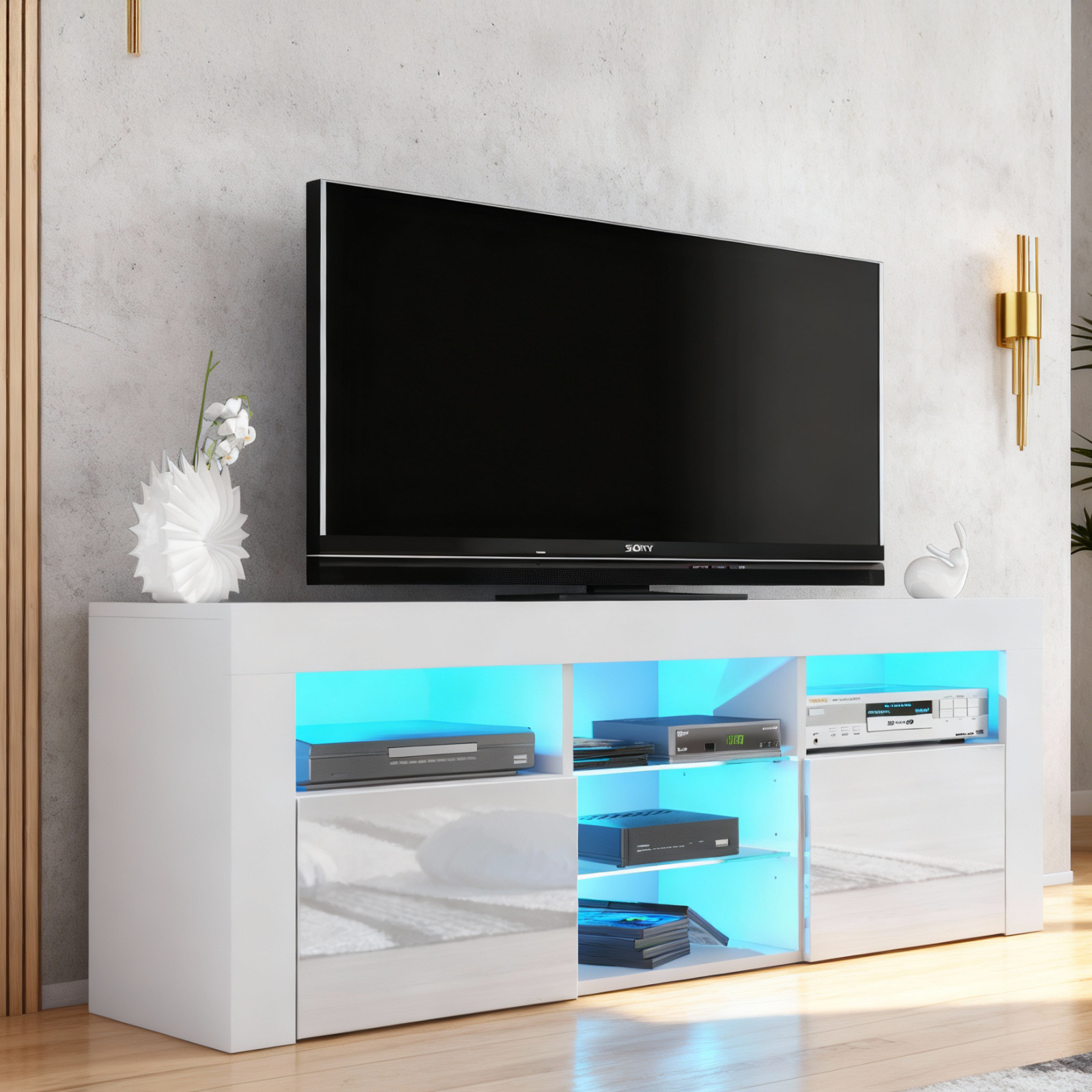 145cm Modern TV Unit Matt Body & Gloss Doors | LED Shelves | Media Storage