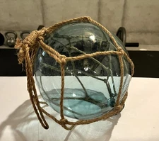 Small 8" Across Nautical Fishing Float Light Blue Glass with Buoy Rope