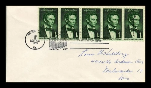 DR JIM STAMPS US COVER LINCOLN SESQUICENTENNIAL FDC SCOTT 1113 STRIP OF 5