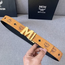 MCM Cognac to black Leather Reversible Belt with Gold Buckle,W 4.0cm