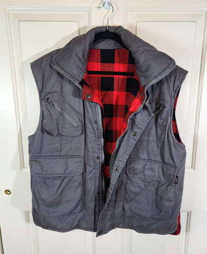 Big Yank Men's L Cargo Gray & Black Plaid Flannel Utility Full Zip Button Vest