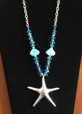 NECKLACE SILVER STARFISH WITH BLUE BEADS ON SILVER CHAIN 24"
