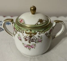 Vntg Nippon Hand Painted Sugar Bowl Lid Gold White Pink Green Replacement EUC