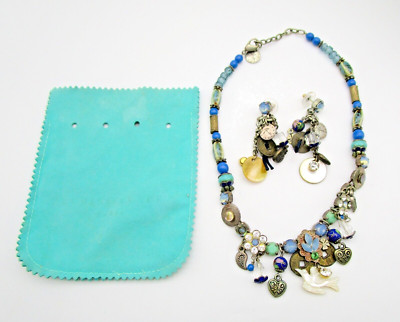 Reminiscence Paris Zoe Lilla Necklace Earring Set Vintage Signed Bird Blue Beads