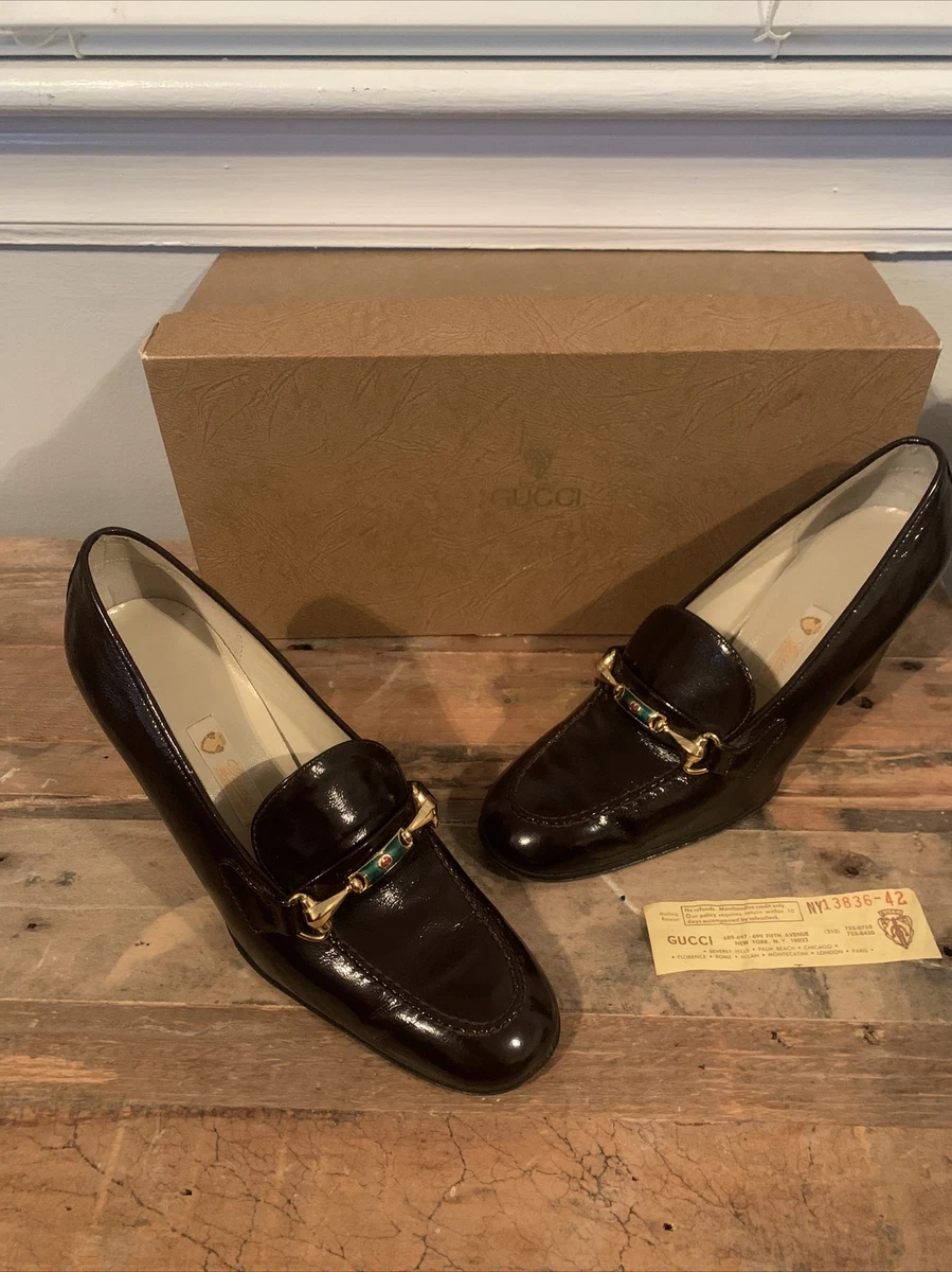 Vintage 70's GUCCI Heeled Loafers Brown SZ 37 New Old Stock