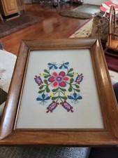 Vintage Floral Picture In Wooden Frame Embroidery Needlepoint Handmade