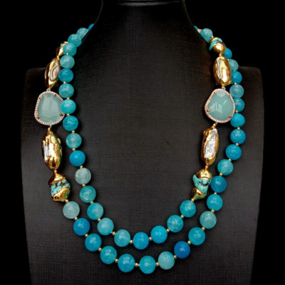 Faceted Agate Turquoise White Biwa Pearl Crystal Necklace Fashion Women Jewelry