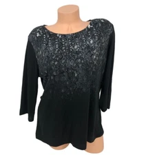 White Stag Size XL Sweater Top 3/4 Sleeve Metallic Printed Studded Artsy Grunge