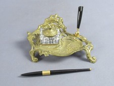 Antico calamaio da scrittoio ottone bronzo cristallo sostegno penna XX Sec.