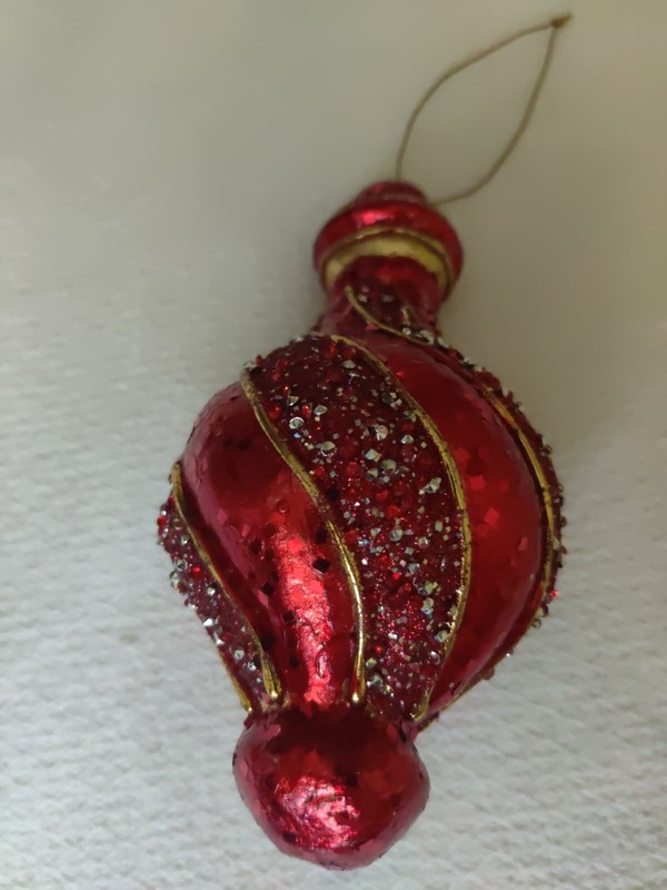 Red Elongated Christmas Ornament With Gold And Glitter Designs Shatterproof 