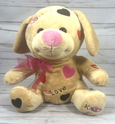 Dream Tan Brown Plush Dog Kiss Love Valentine Heart 10'' Pink Bow Stuffed Animal